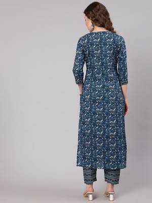 Blue Printed Cotton Kurta Set 5