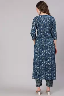Blue Printed Cotton Kurta Set