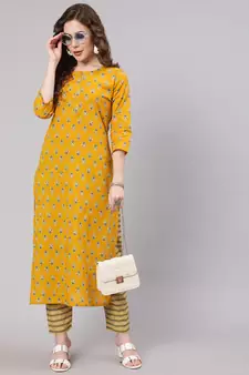 Mustard Printed Cotton Kurta Set