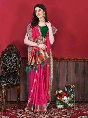 Pink Soft Slub Silk Woven Zari Saree with Blouse 1