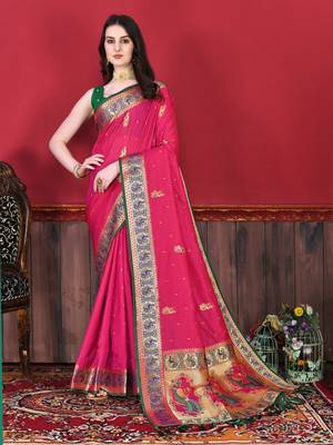 Pink Soft Slub Silk Woven Zari Saree with Blouse 2
