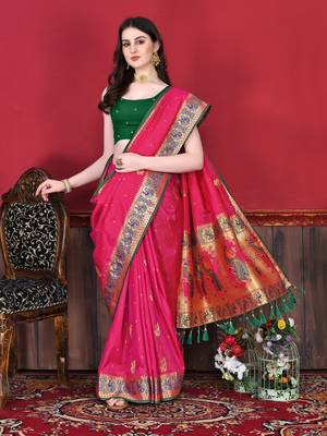 Pink Soft Slub Silk Woven Zari Saree with Blouse 3