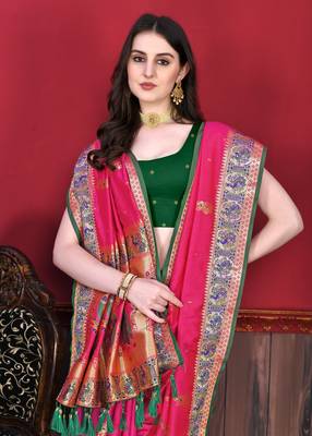 Pink Soft Slub Silk Woven Zari Saree with Blouse 4