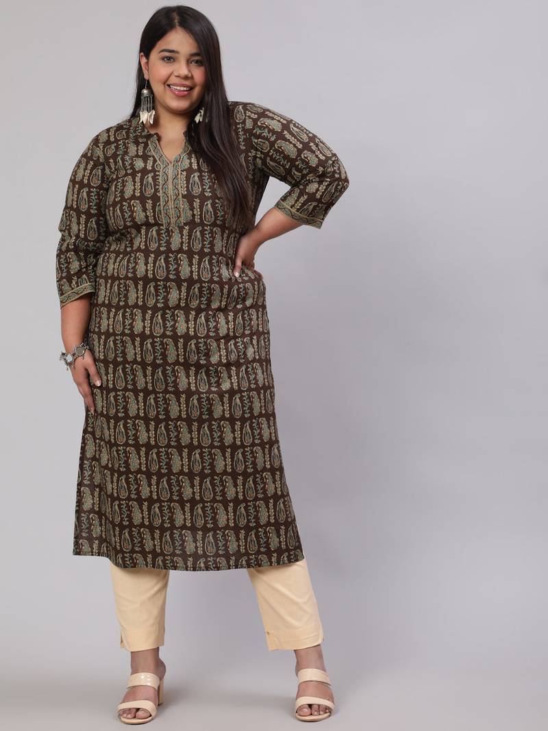 Brown Printed Cotton Kurta