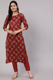 Maroon Printed Cotton Kurta Set