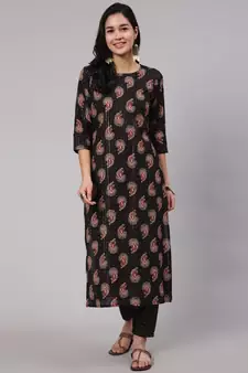 Black Printed Cotton Kurta Set