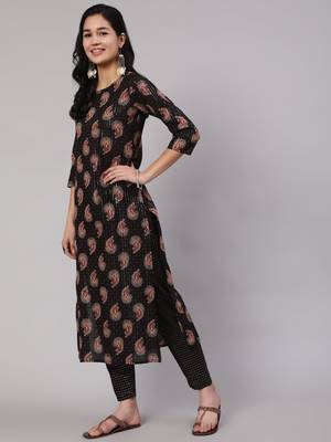 Black Printed Cotton Kurta Set 4