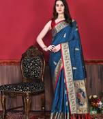 Navy Blue Soft Slub Silk Woven Zari Saree with Blouse