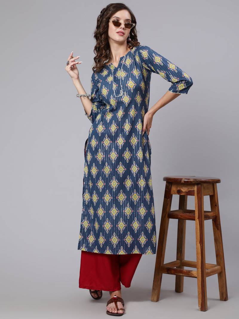 Blue Printed Cotton Kurta