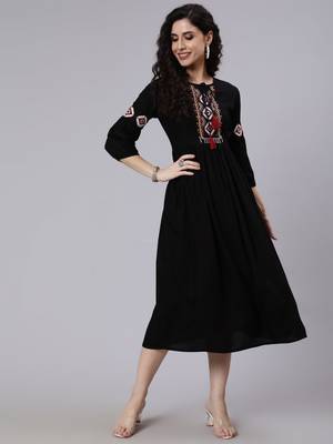 Black Embroidered Viscose rayon Dress 1