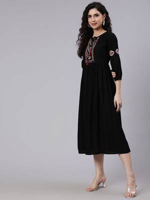 Black Embroidered Viscose rayon Dress 4