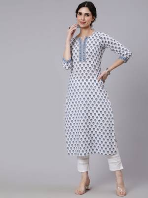 Off White Printed Cotton Kurta 1