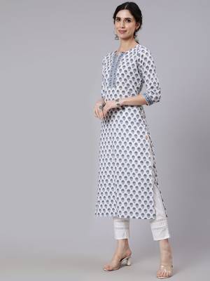 Off White Printed Cotton Kurta 3