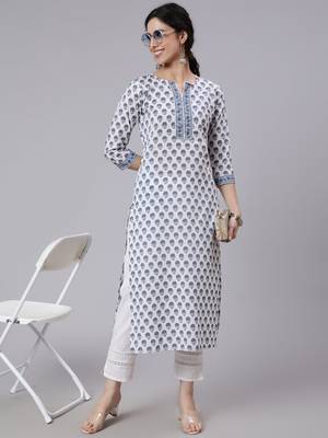 Off White Printed Cotton Kurta 5