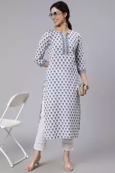 Off White Printed Cotton Kurta