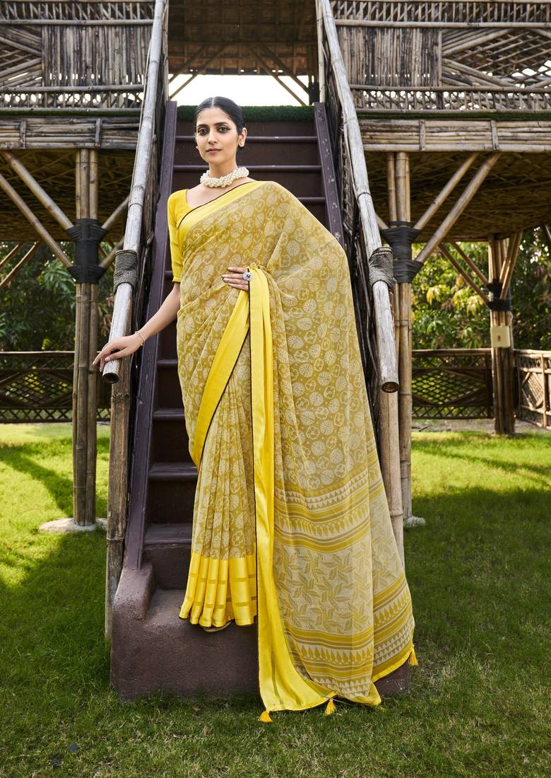 Women Yellow Georgette Digital Printed Saree with Unstitched