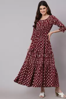 Burgundy Printed Cotton Dress