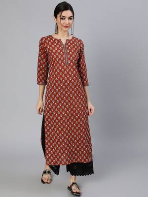 Maroon Printed Cotton Kurta 1