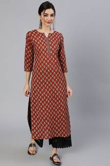 Maroon Printed Cotton Kurta