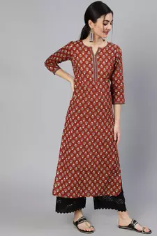 Maroon Printed Cotton Kurta
