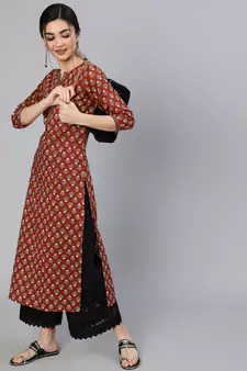 Maroon Printed Cotton Kurta