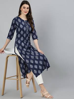 Navy Blue Printed Cotton Kurta 1