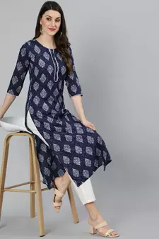 Navy Blue Printed Cotton Kurta