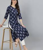 Navy Blue Printed Cotton Kurta