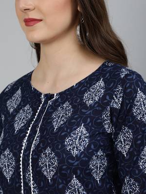 Navy Blue Printed Cotton Kurta 2
