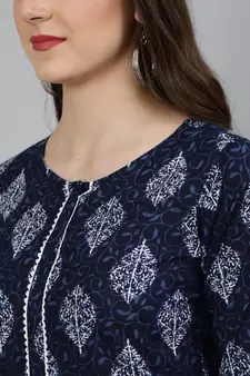 Navy Blue Printed Cotton Kurta