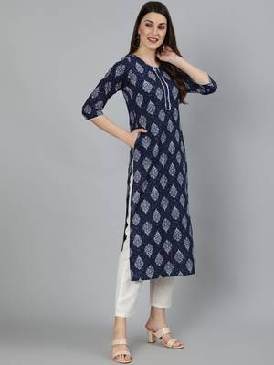 Navy Blue Printed Cotton Kurta 3