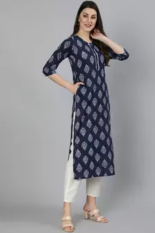 Navy Blue Printed Cotton Kurta