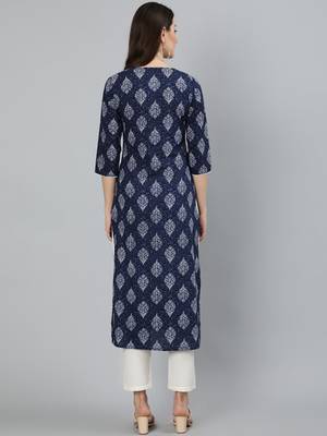 Navy Blue Printed Cotton Kurta 4