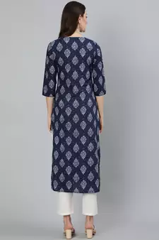 Navy Blue Printed Cotton Kurta