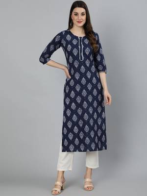 Navy Blue Printed Cotton Kurta 5