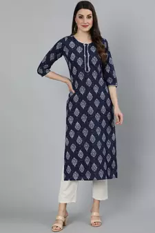 Navy Blue Printed Cotton Kurta