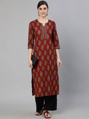 Maroon Printed Cotton Kurta 1