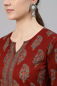 Maroon Printed Cotton Kurta