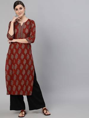 Maroon Printed Cotton Kurta 5