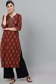 Maroon Printed Cotton Kurta
