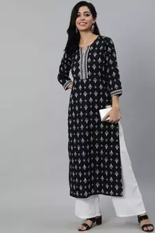 Black Printed Cotton Kurta