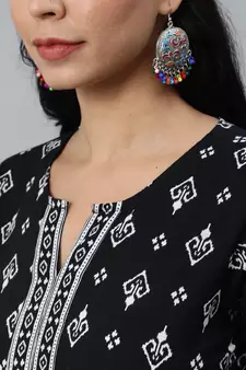 Black Printed Cotton Kurta