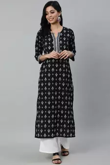 Black Printed Cotton Kurta