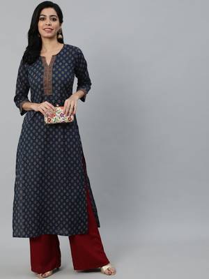 Navy Blue Printed Cotton Kurta 1