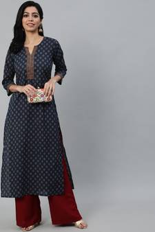 Navy Blue Printed Cotton Kurta