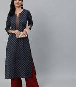 Navy Blue Printed Cotton Kurta