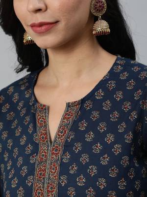 Navy Blue Printed Cotton Kurta 2