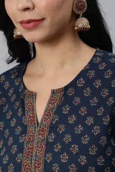 Navy Blue Printed Cotton Kurta
