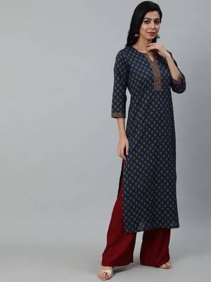 Navy Blue Printed Cotton Kurta 3