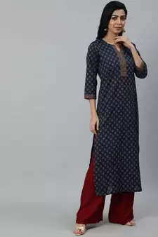 Navy Blue Printed Cotton Kurta